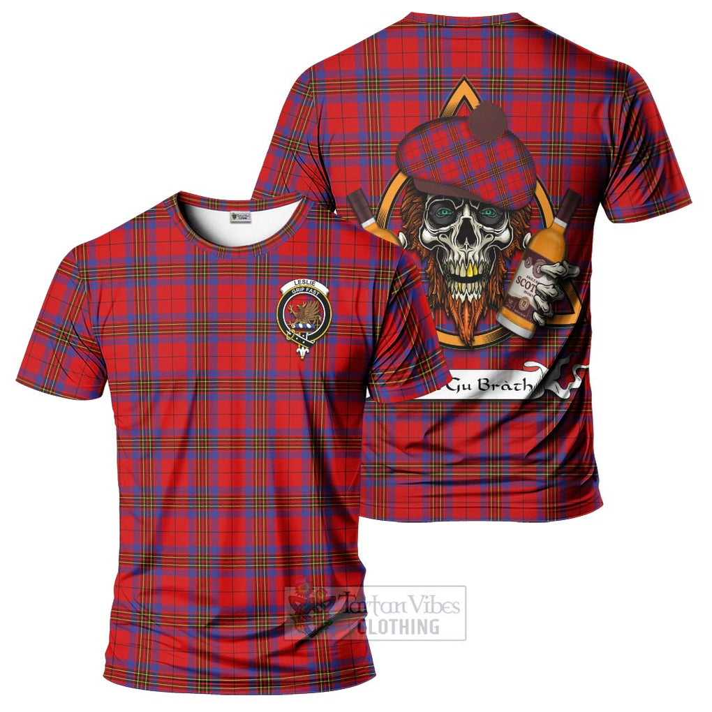 Tartan Vibes Clothing Leslie Tartan T-Shirt with Family Crest and Bearded Skull Holding Bottles of Whiskey