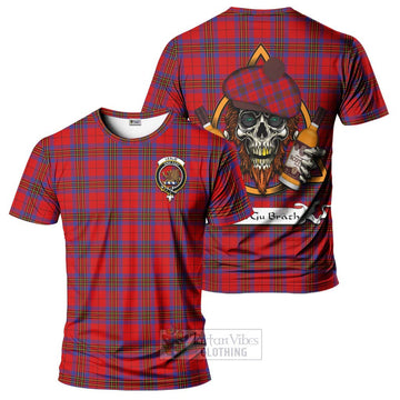 Leslie Tartan T-Shirt with Family Crest and Bearded Skull Holding Bottles of Whiskey