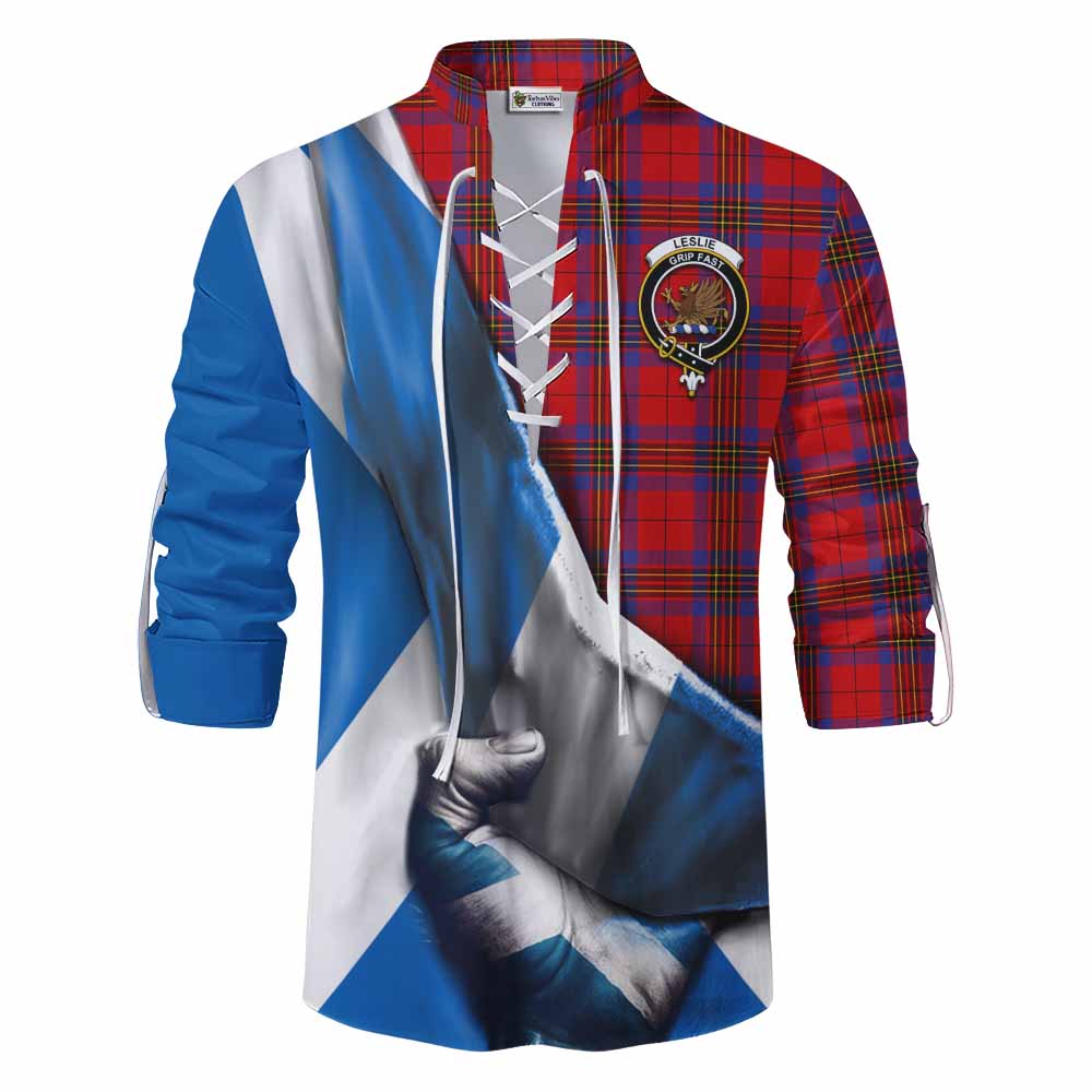 Tartan Vibes Clothing Leslie Tartan Ghillie Kilt Shirt with Family Crest Scotland Patriotic Style