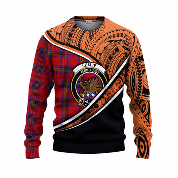 Leslie Crest Tartan Knitted Sweater with Polynesian Vibes Style - Orange Version