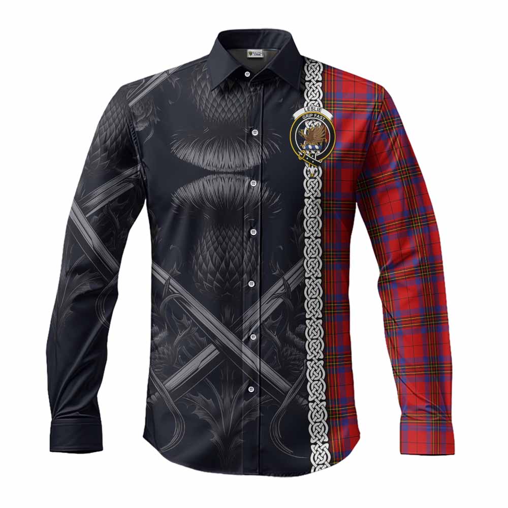 Leslie Tartan Long Sleeve Button Shirt with Family Crest Cross Sword Thistle Celtic Vibes Men's Shirt S - Tartan Vibes Clothing