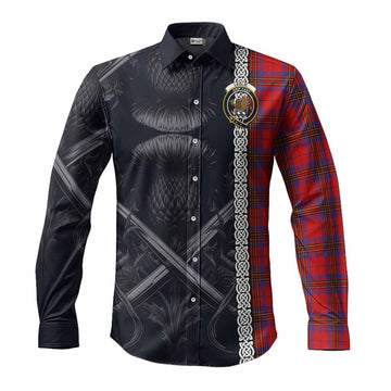 Leslie Tartan Long Sleeve Button Shirt with Family Crest Cross Sword Thistle Celtic Vibes