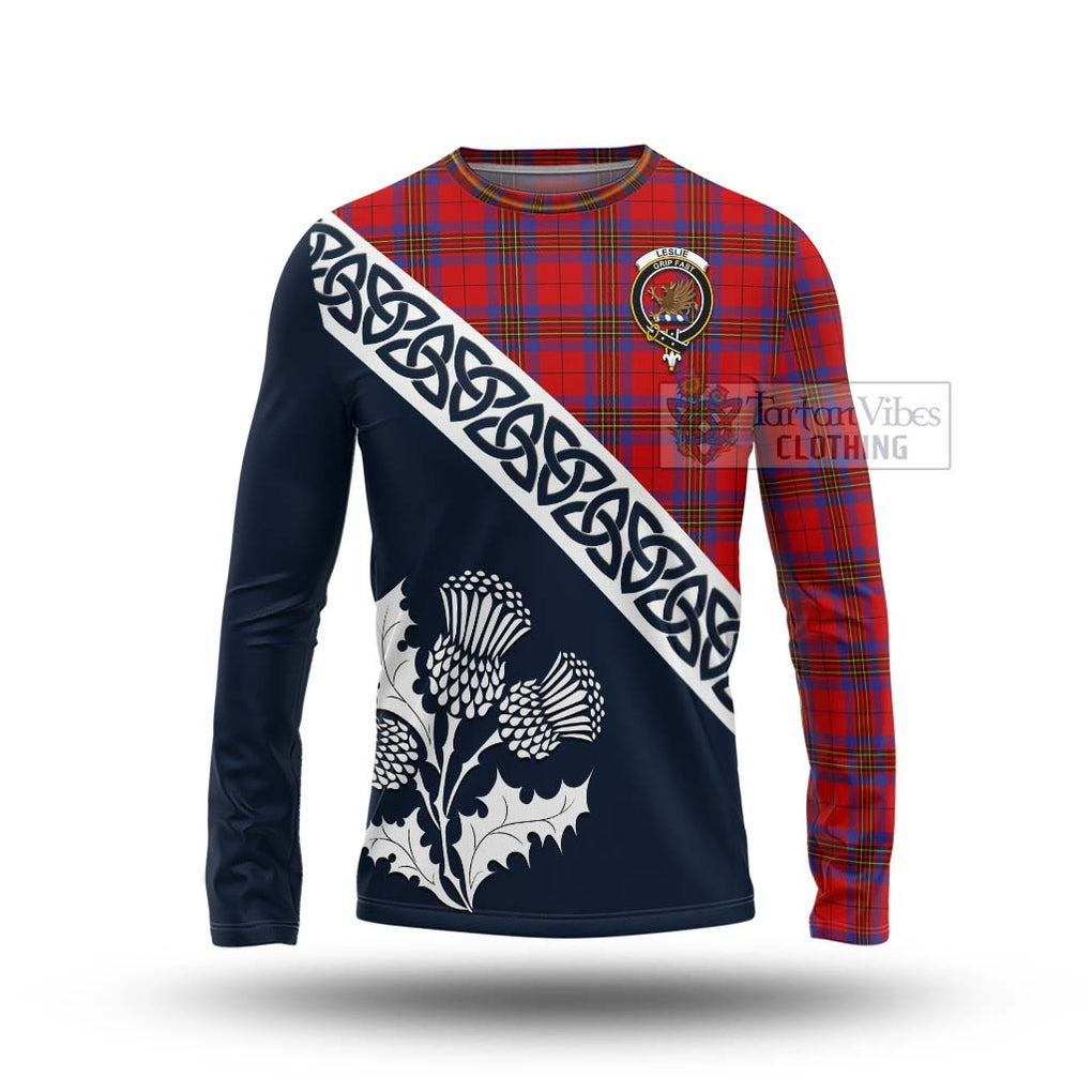 Tartan Vibes Clothing Leslie Tartan Long Sleeve T-Shirt Featuring Thistle and Scotland Map