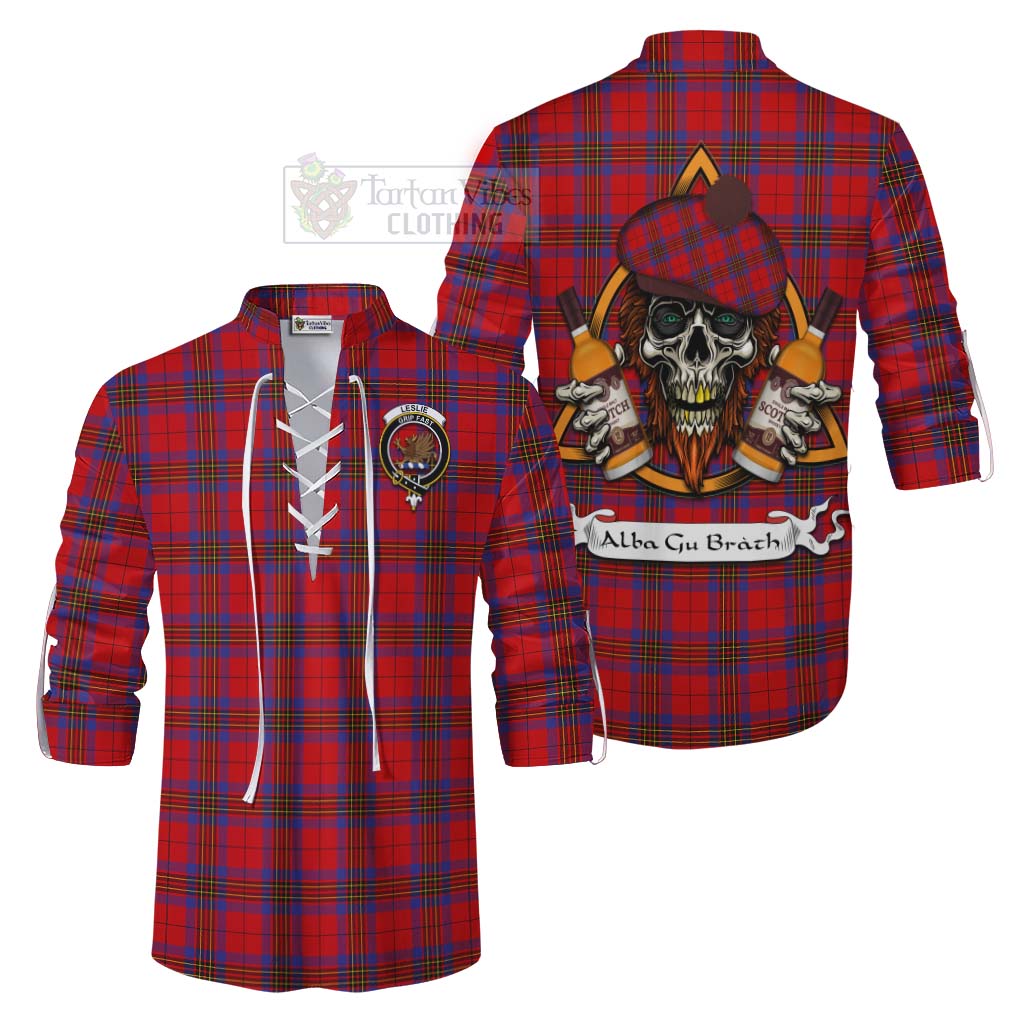 Tartan Vibes Clothing Leslie Tartan Ghillie Kilt Shirt with Family Crest and Bearded Skull Holding Bottles of Whiskey