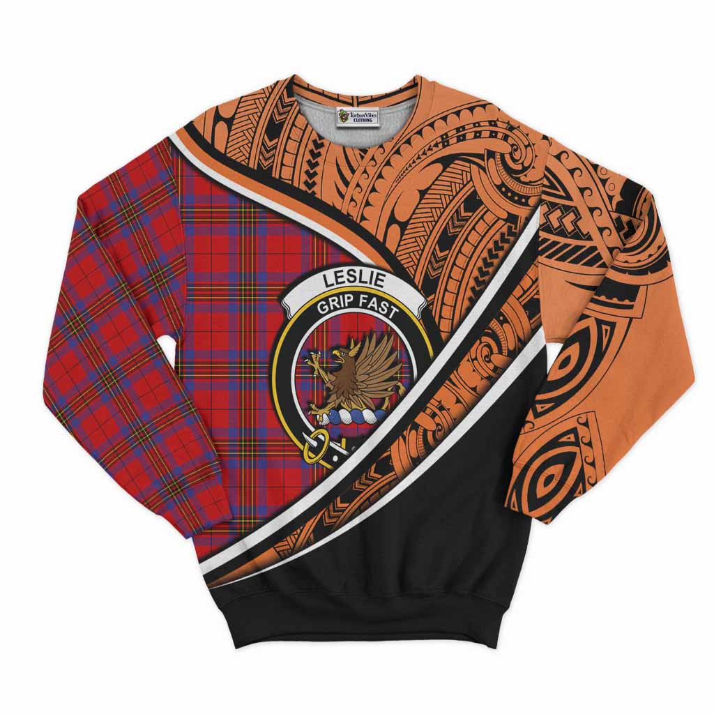 Tartan Vibes Clothing Leslie Crest Tartan Sweatshirt with Maori Tattoo Style - Orange Version