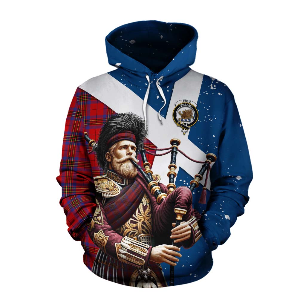 Tartan Vibes Clothing Leslie Tartan Cotton Hoodie with Family Crest Scottish Bagpiper Vibes