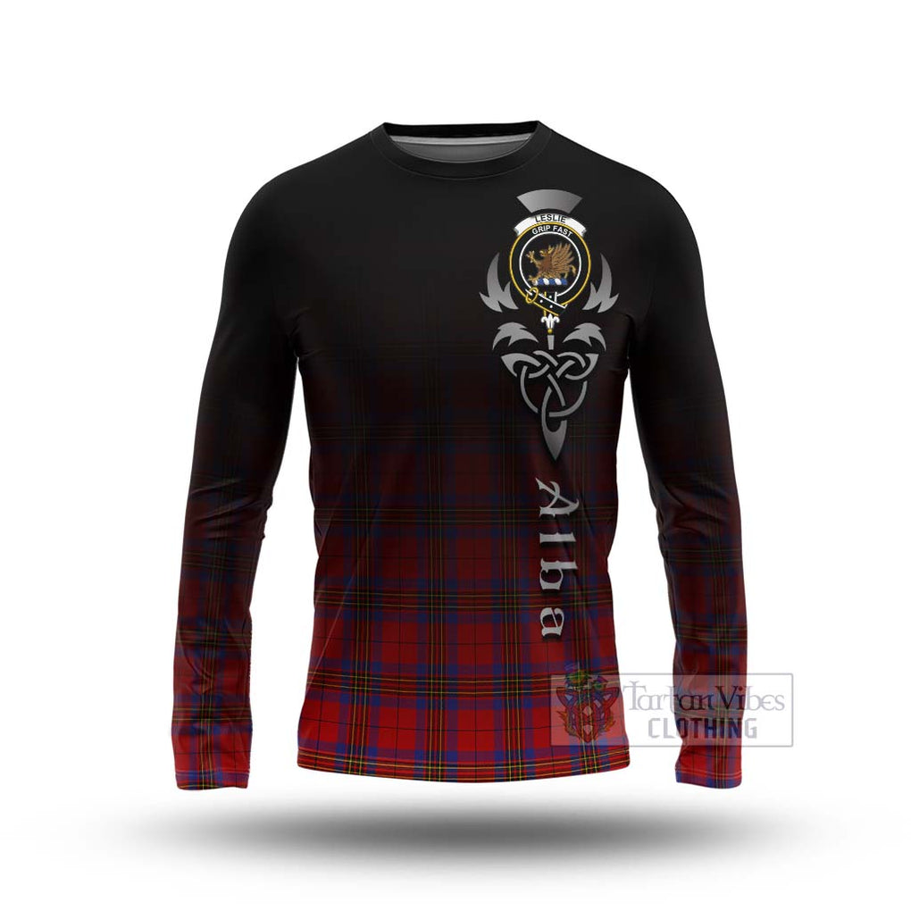 Tartan Vibes Clothing Leslie Tartan Long Sleeve T-Shirt Featuring Alba Gu Brath Family Crest Celtic Inspired