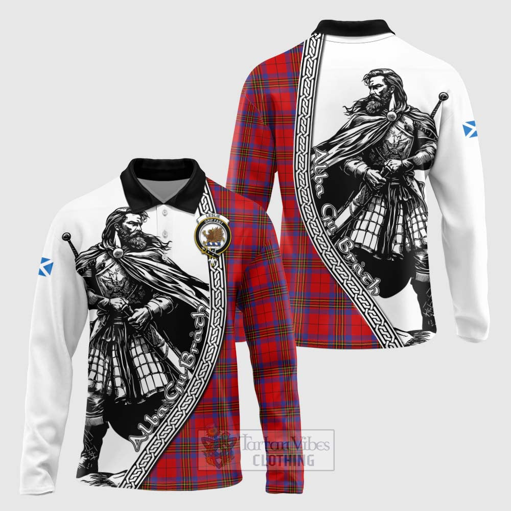 Tartan Vibes Clothing Leslie Tartan Clan Crest Long Sleeve Polo Shirt with Highlander Warrior Celtic Style