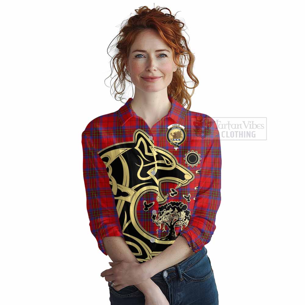 Tartan Vibes Clothing Leslie Tartan Women's Casual Shirt with Family Crest Celtic Wolf Style