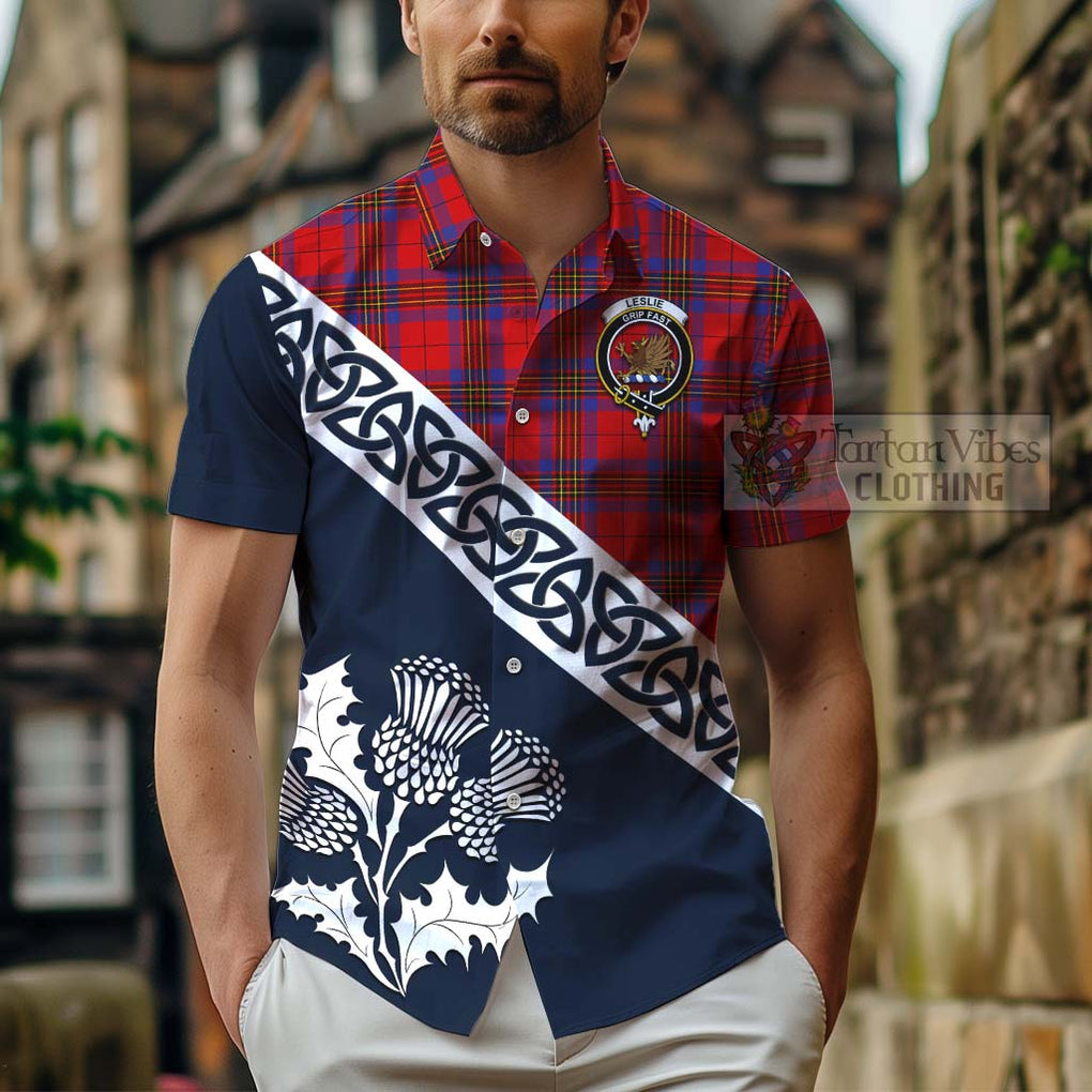 Tartan Vibes Clothing Leslie Tartan Short Sleeve Button Shirt Featuring Thistle and Scotland Map