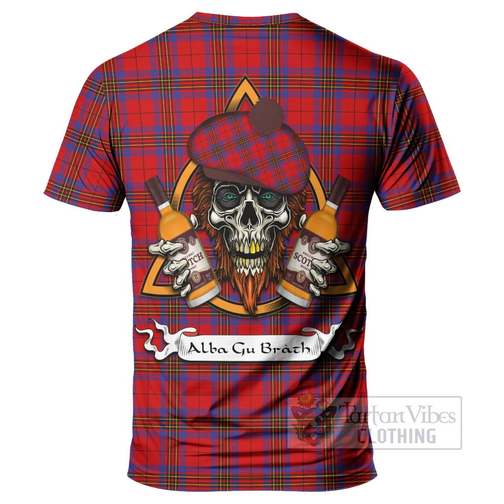 Tartan Vibes Clothing Leslie Tartan T-Shirt with Family Crest and Bearded Skull Holding Bottles of Whiskey