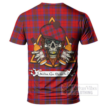 Leslie Tartan T-Shirt with Family Crest and Bearded Skull Holding Bottles of Whiskey