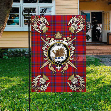 Leslie Tartan Flag with Family Crest and Golden Thistle Crossed Sword Design