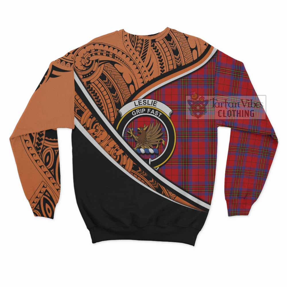 Tartan Vibes Clothing Leslie Crest Tartan Sweatshirt with Maori Tattoo Style - Orange Version