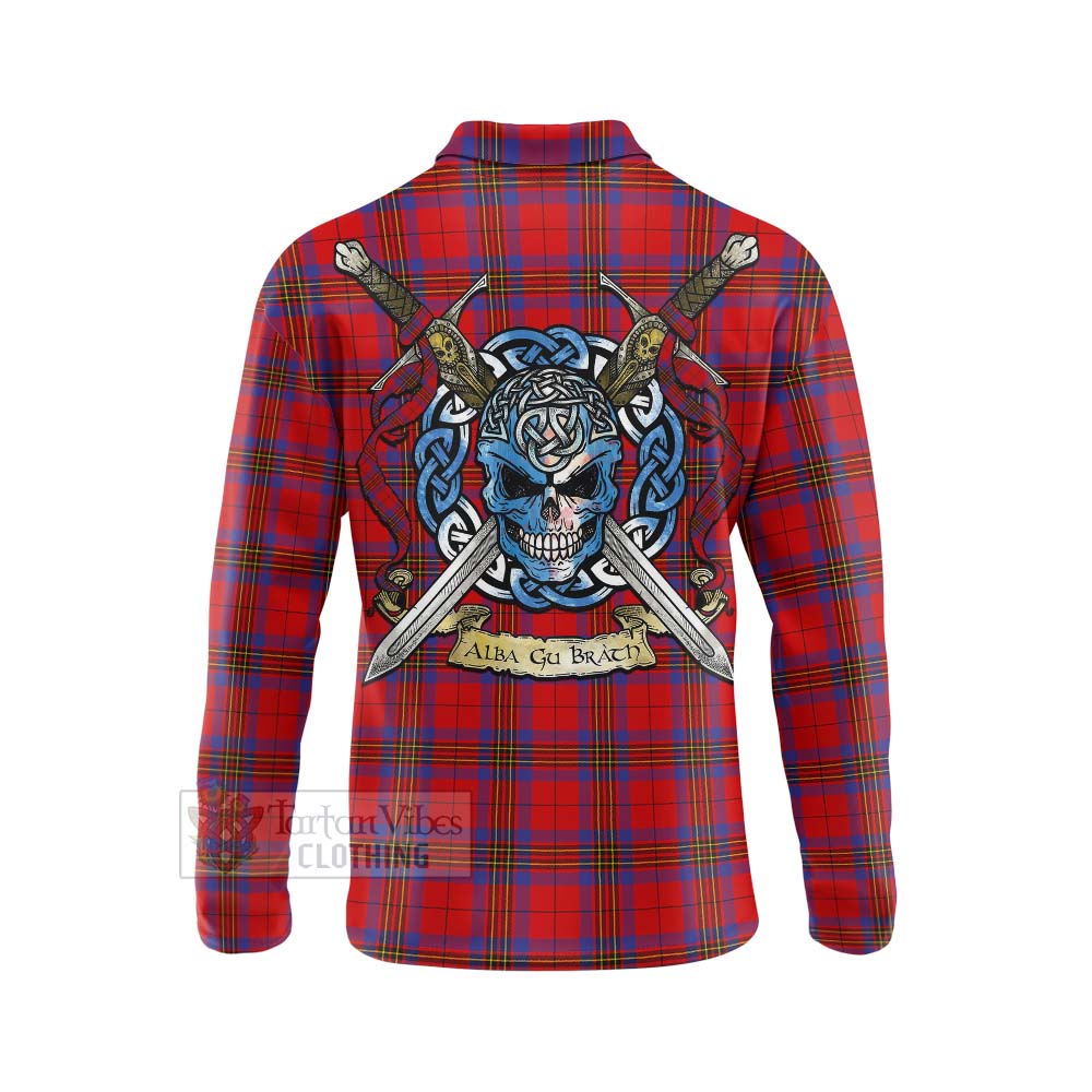 Tartan Vibes Clothing Leslie Tartan Long Sleeve Polo Shirt with Family Crest Celtic Skull Style