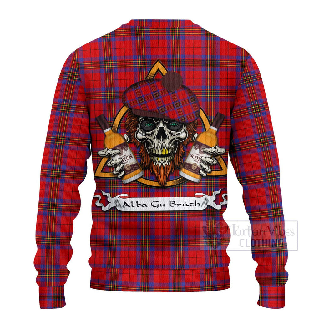 Tartan Vibes Clothing Leslie Tartan Knitted Sweater with Family Crest and Bearded Skull Holding Bottles of Whiskey