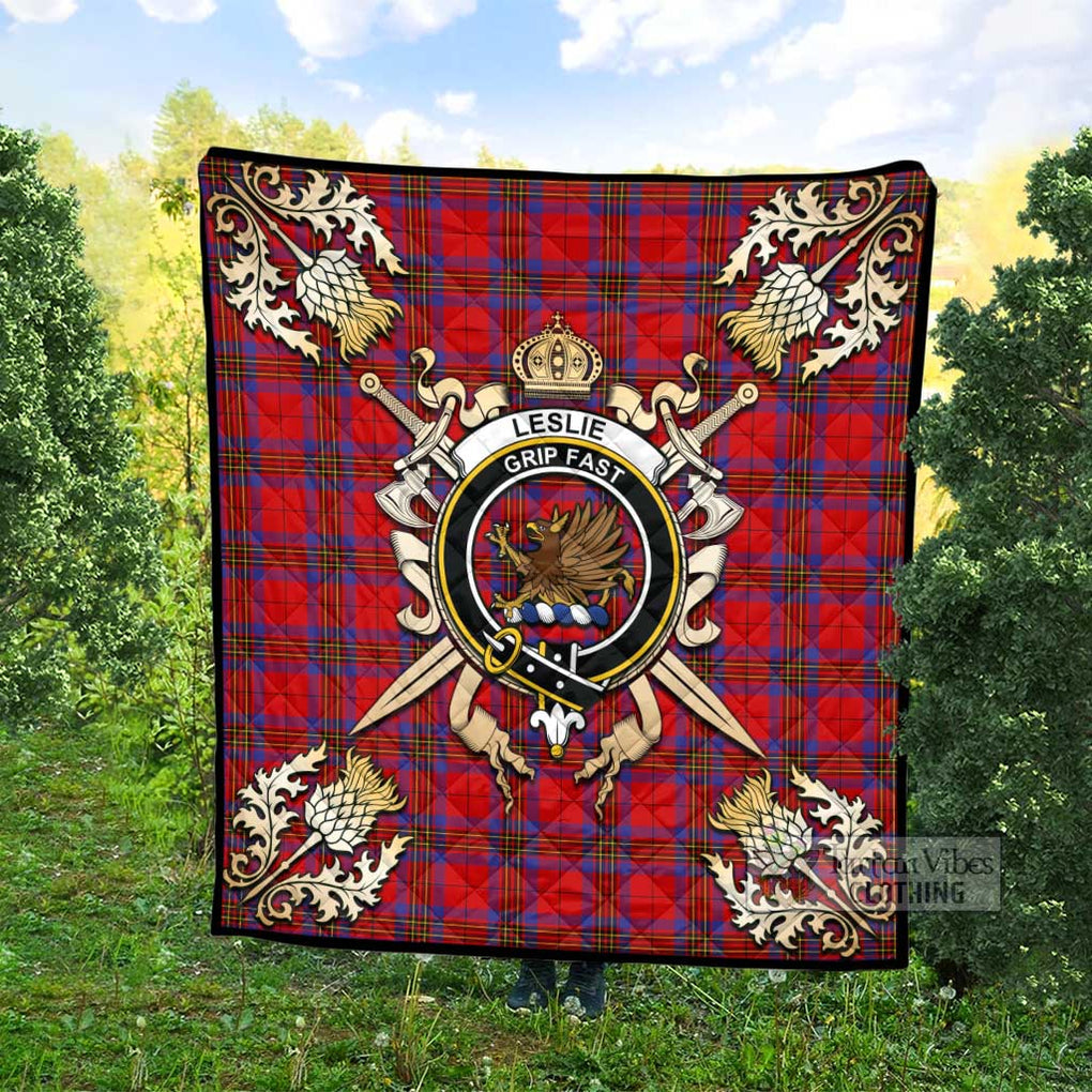 Tartan Vibes Clothing Leslie Tartan Quilt with Family Crest and Scottish Golden Courage Shield