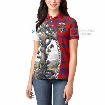 Leslie Tartan Women's Polo Shirt with Family Crest and St. Andrew's Cross Accented by Thistle Vines