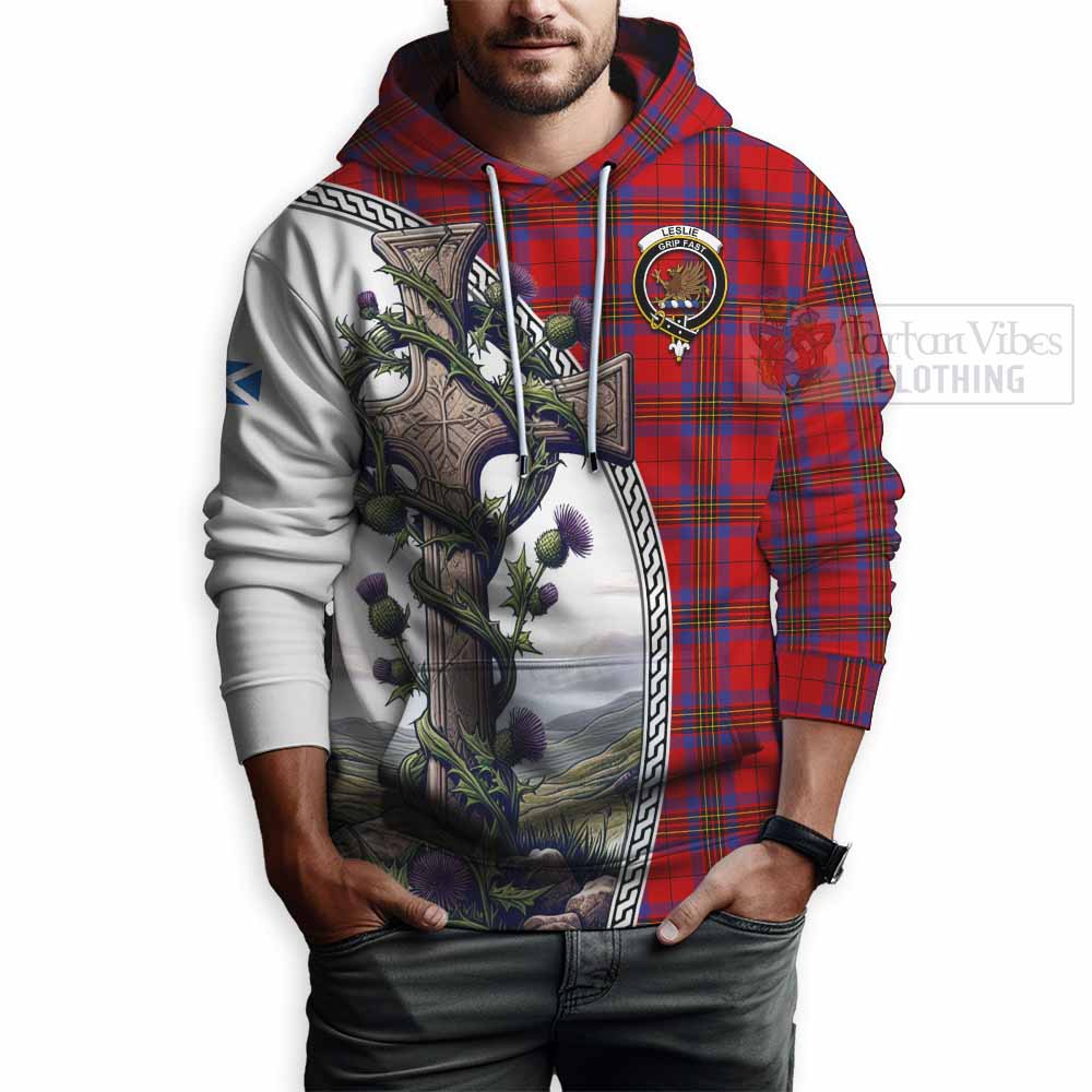 Tartan Vibes Clothing Leslie Tartan Hoodie with Family Crest and St. Andrew's Cross Accented by Thistle Vines