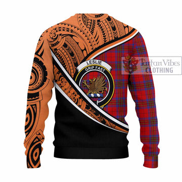 Leslie Crest Tartan Knitted Sweater with Polynesian Vibes Style - Orange Version