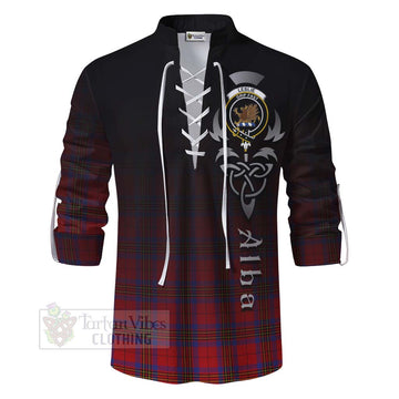 Leslie Tartan Ghillie Kilt Shirt Featuring Alba Gu Brath Family Crest Celtic Inspired