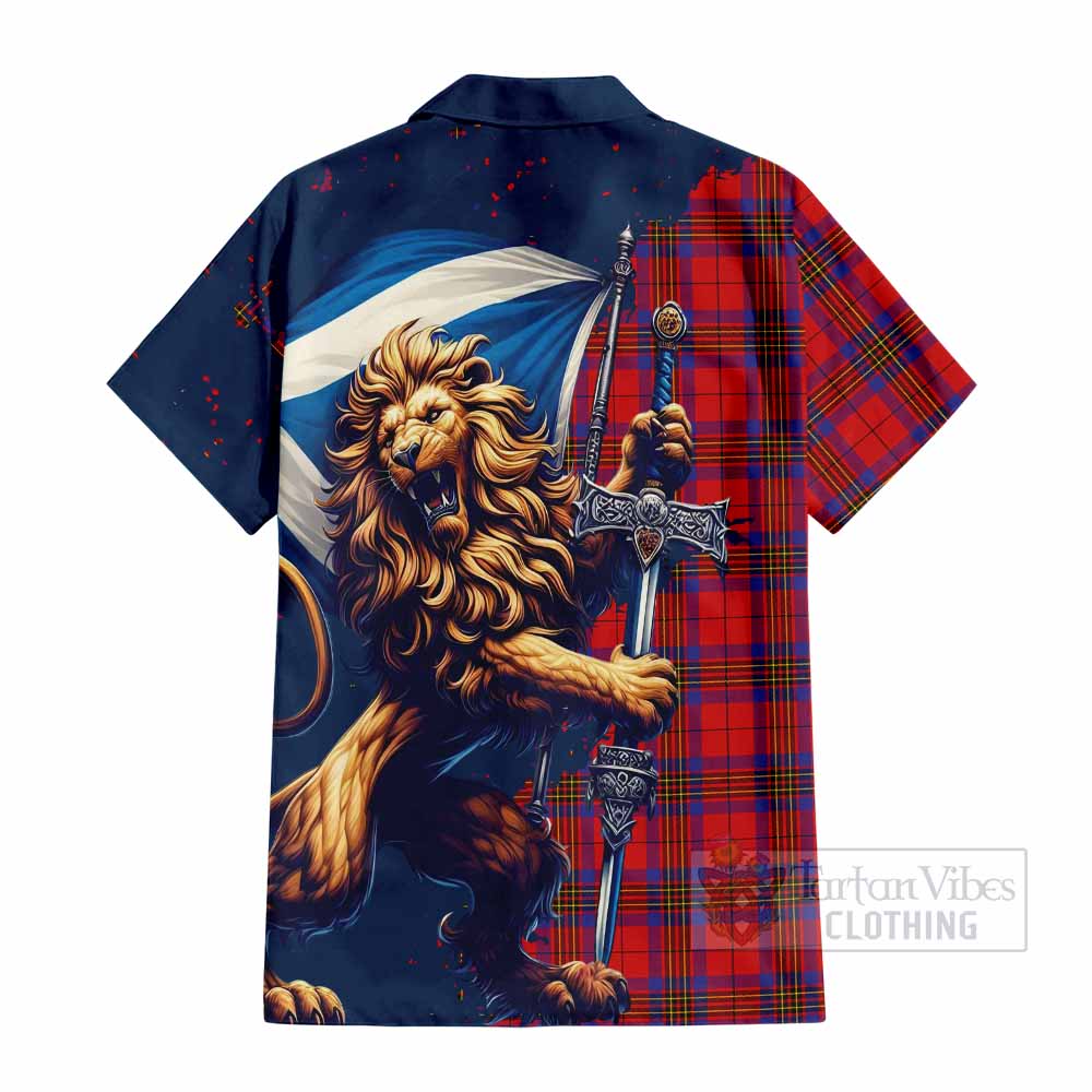 Tartan Vibes Clothing Leslie Tartan Family Crest Short Sleeve Button Shirt with Scottish Majestic Lion