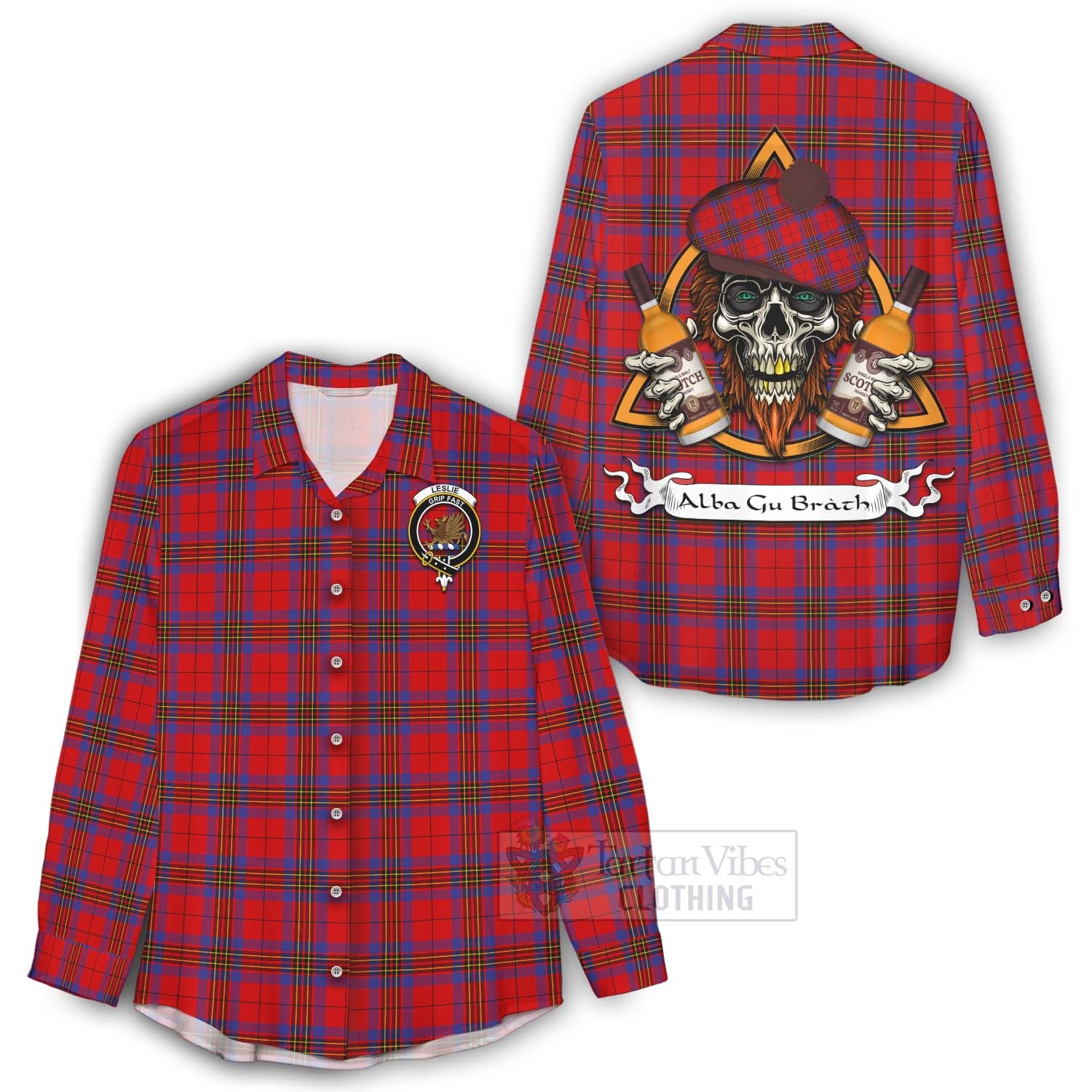 Tartan Vibes Clothing Leslie Tartan Women's Casual Shirt with Family Crest and Bearded Skull Holding Bottles of Whiskey