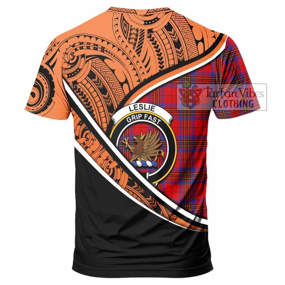 Tartan Vibes Clothing Leslie Crest Tartan T-Shirt with Maori Tattoo Style - Orange Version