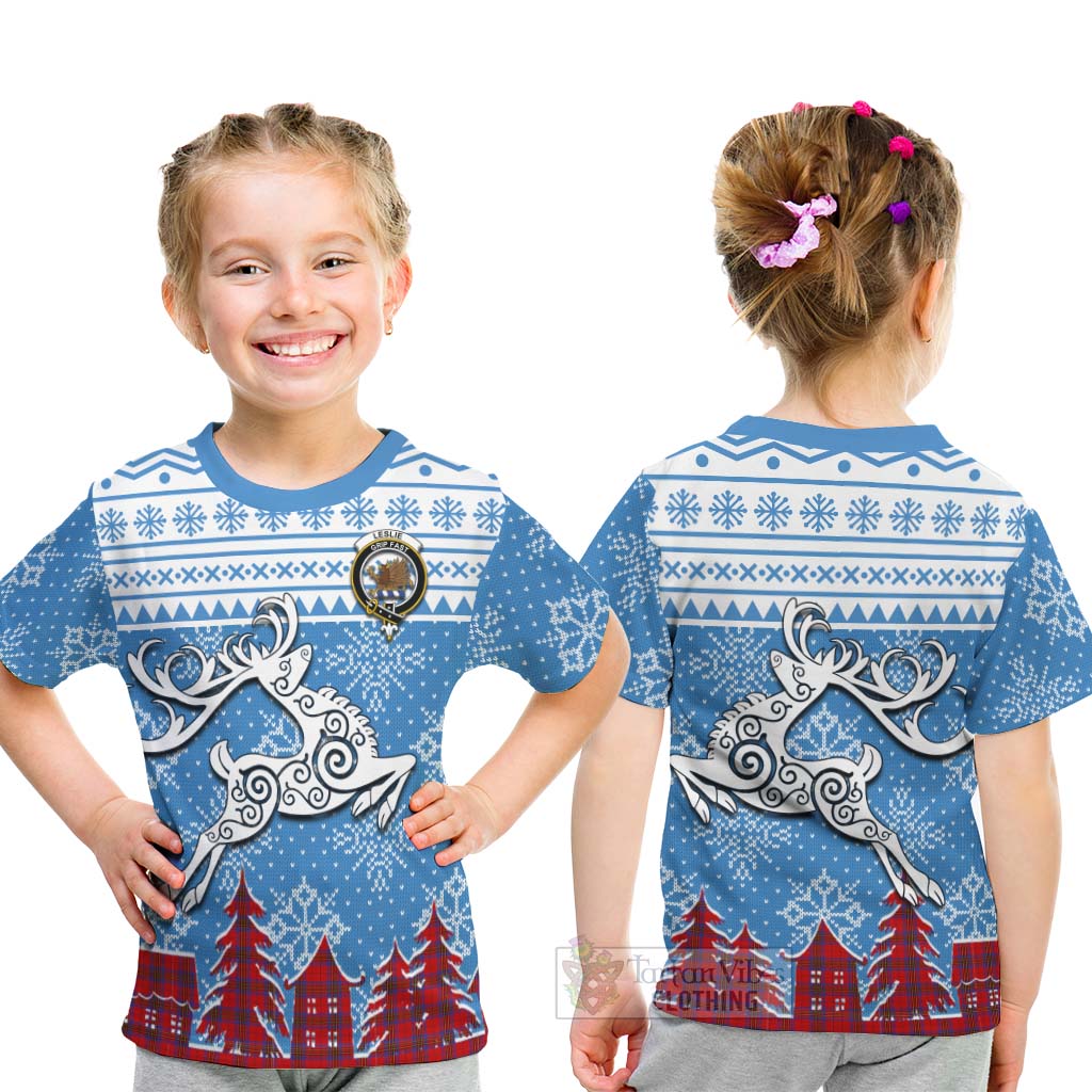 Tartan Vibes Clothing Leslie Clan Christmas Kid T-Shirt Celtic Reindeer Style