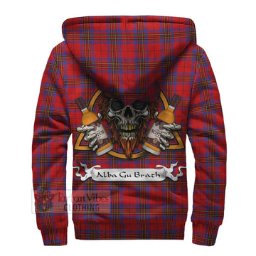 Leslie Tartan Sherpa Hoodie with Family Crest and Bearded Skull Holding Bottles of Whiskey