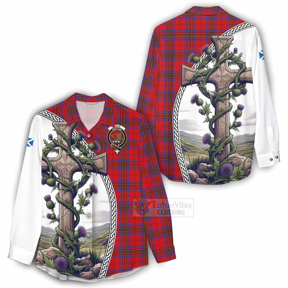 Tartan Vibes Clothing Leslie Tartan Women's Casual Shirt with Family Crest and St. Andrew's Cross Accented by Thistle Vines