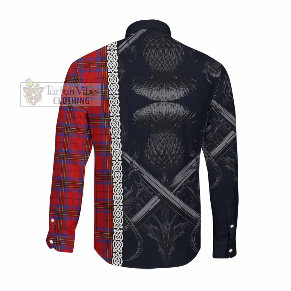Leslie Tartan Long Sleeve Button Shirt with Family Crest Cross Sword Thistle Celtic Vibes Men's Shirt - Tartan Vibes Clothing