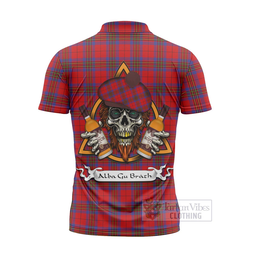 Tartan Vibes Clothing Leslie Tartan Zipper Polo Shirt with Family Crest and Bearded Skull Holding Bottles of Whiskey