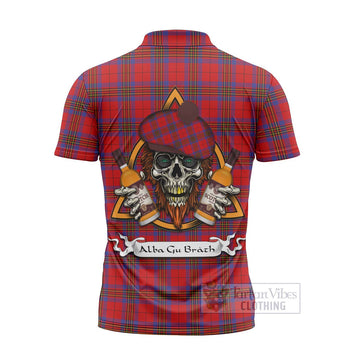 Leslie Tartan Zipper Polo Shirt with Family Crest and Bearded Skull Holding Bottles of Whiskey