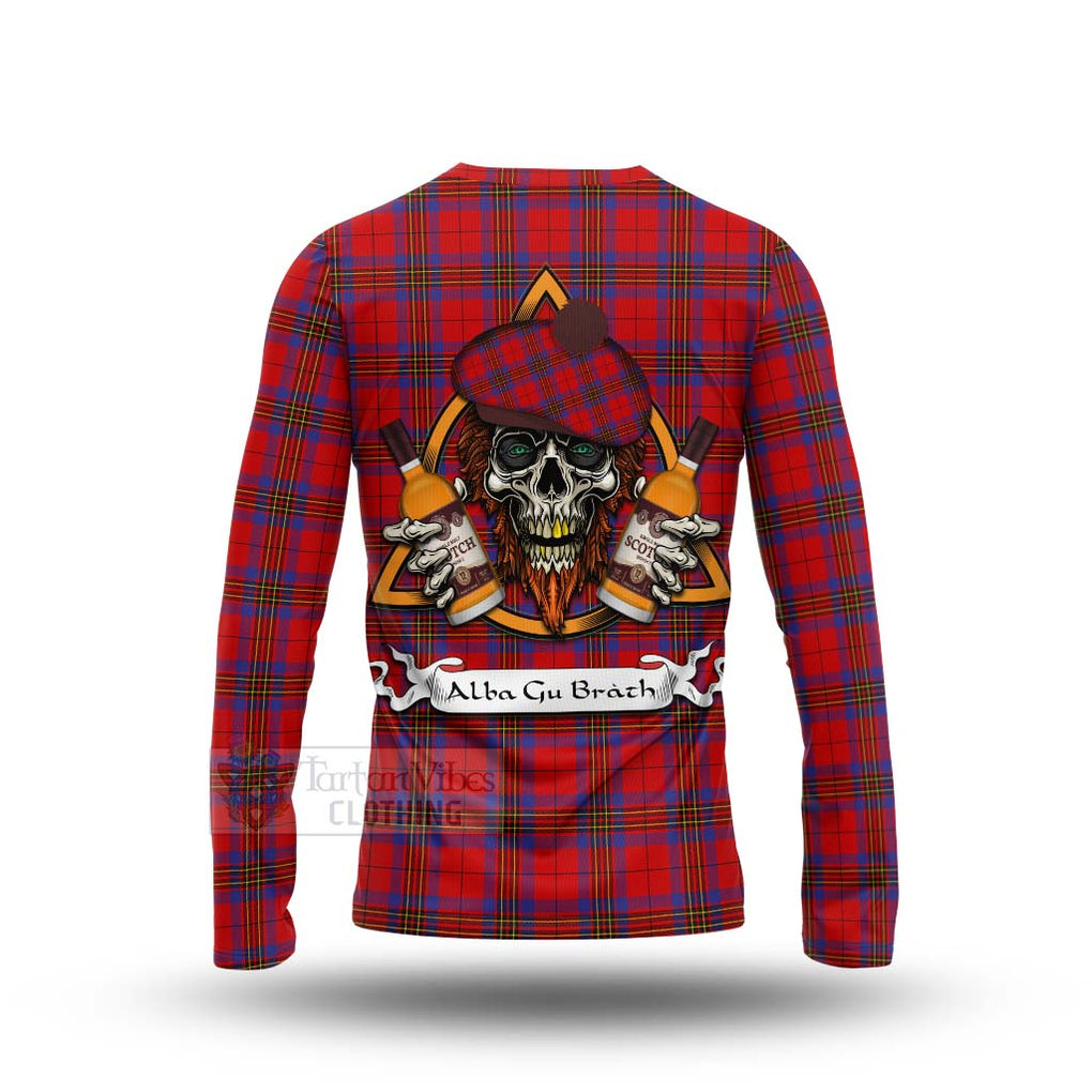 Tartan Vibes Clothing Leslie Tartan Long Sleeve T-Shirt with Family Crest and Bearded Skull Holding Bottles of Whiskey