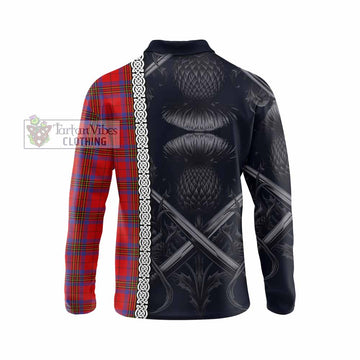 Leslie Tartan Long Sleeve Polo Shirt with Family Crest Cross Sword Thistle Celtic Vibes