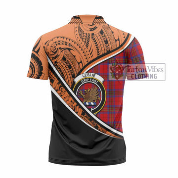 Leslie Crest Tartan Zipper Polo Shirt with Polynesian Vibes Style - Orange Version