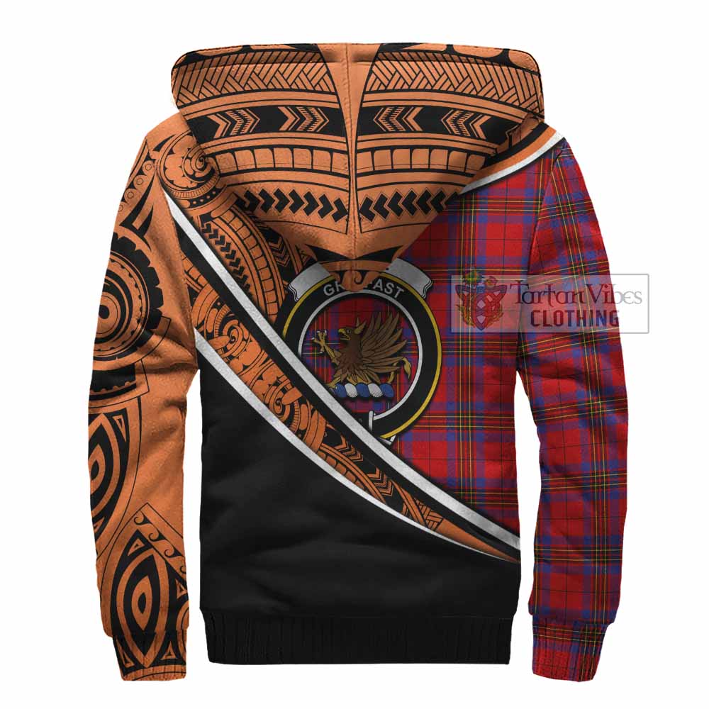 Tartan Vibes Clothing Leslie Crest Tartan Sherpa Hoodie with Maori Tattoo Style - Orange Version