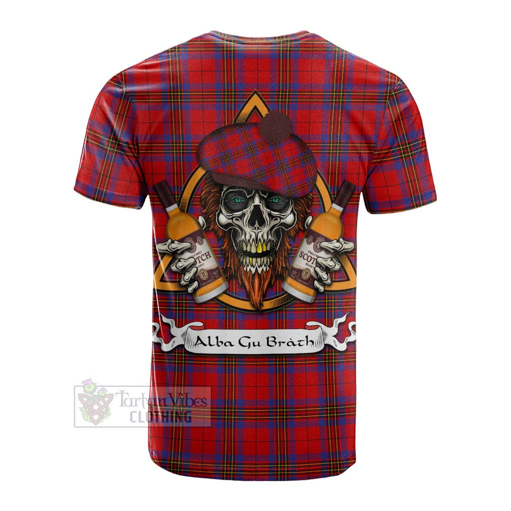 Tartan Vibes Clothing Leslie Tartan Cotton T-shirt with Family Crest and Bearded Skull Holding Bottles of Whiskey