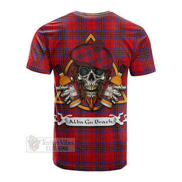 Leslie Tartan Cotton T-shirt with Family Crest and Bearded Skull Holding Bottles of Whiskey