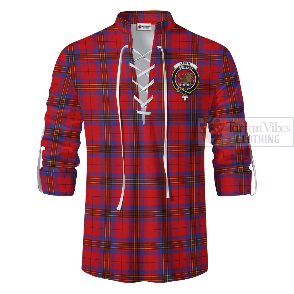 Tartan Vibes Clothing Leslie Tartan Ghillie Kilt Shirt with Family Crest and Bearded Skull Holding Bottles of Whiskey