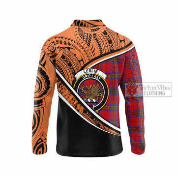 Leslie Crest Tartan Long Sleeve Polo Shirt with Polynesian Vibes Style - Orange Version