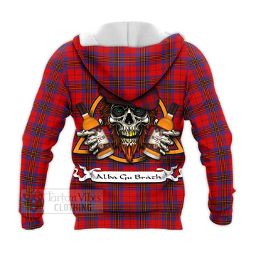 Leslie Tartan Knitted Hoodie with Family Crest and Bearded Skull Holding Bottles of Whiskey