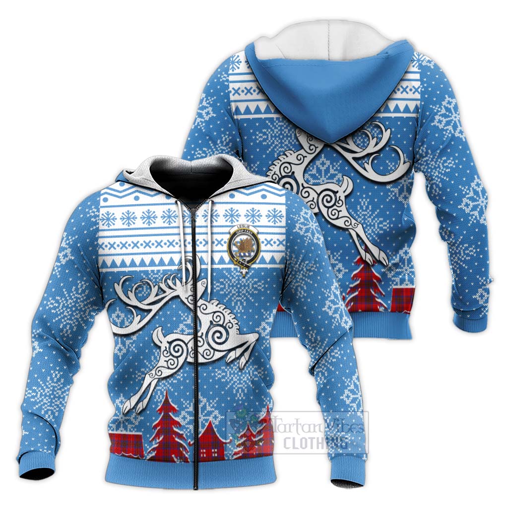 Tartan Vibes Clothing Leslie Clan Christmas Knitted Hoodie Celtic Reindeer Style