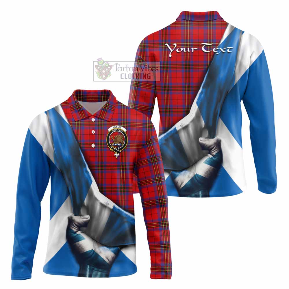 Tartan Vibes Clothing Leslie Tartan Long Sleeve Polo Shirt with Family Crest Scotland Patriotic Style