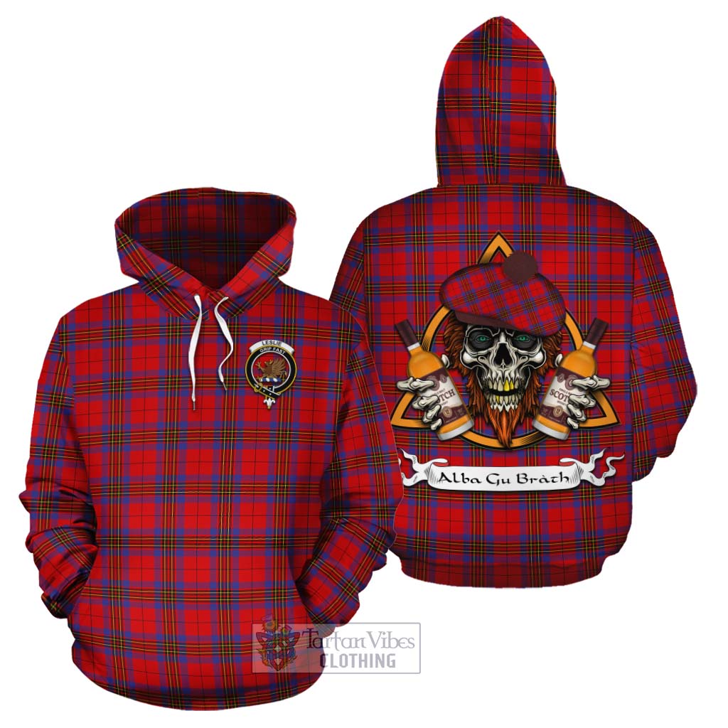 Tartan Vibes Clothing Leslie Tartan Cotton Hoodie with Family Crest and Bearded Skull Holding Bottles of Whiskey