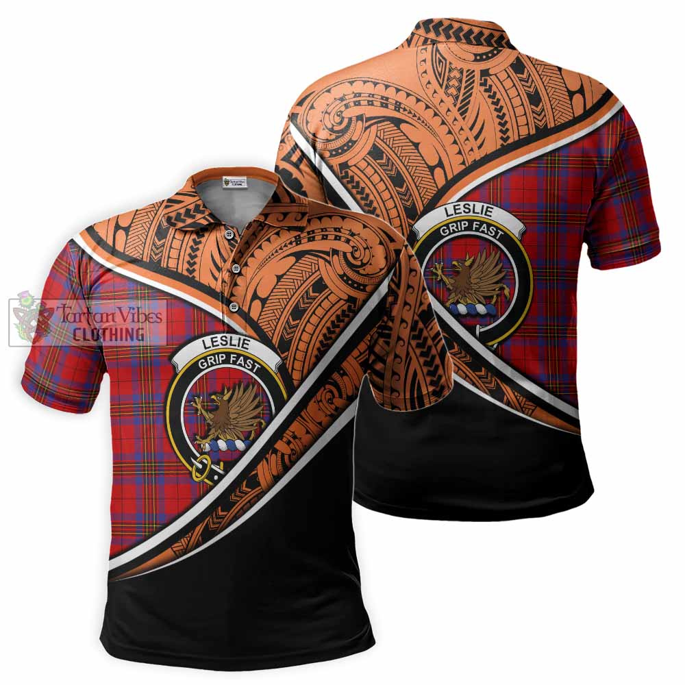 Tartan Vibes Clothing Leslie Crest Tartan Polo Shirt with Maori Tattoo Style - Orange Version