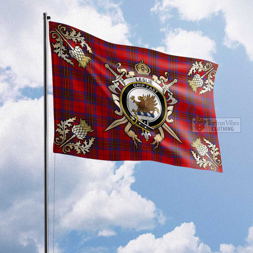 Tartan Vibes Clothing Leslie Tartan Flag with Family Crest and Golden Thistle Crossed Sword Design