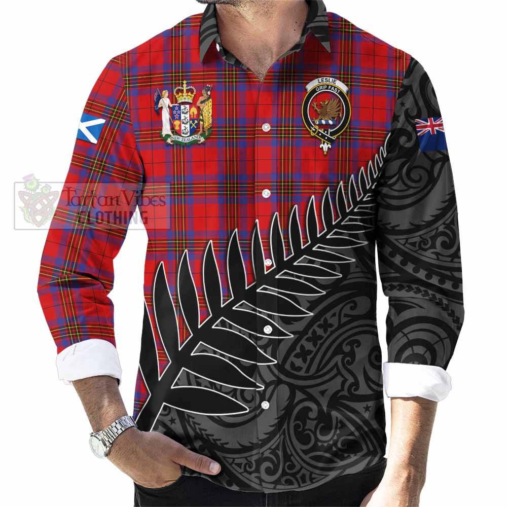 Tartan Vibes Clothing Leslie Crest Tartan Long Sleeve Button Shirt with New Zealand Silver Fern Half Style