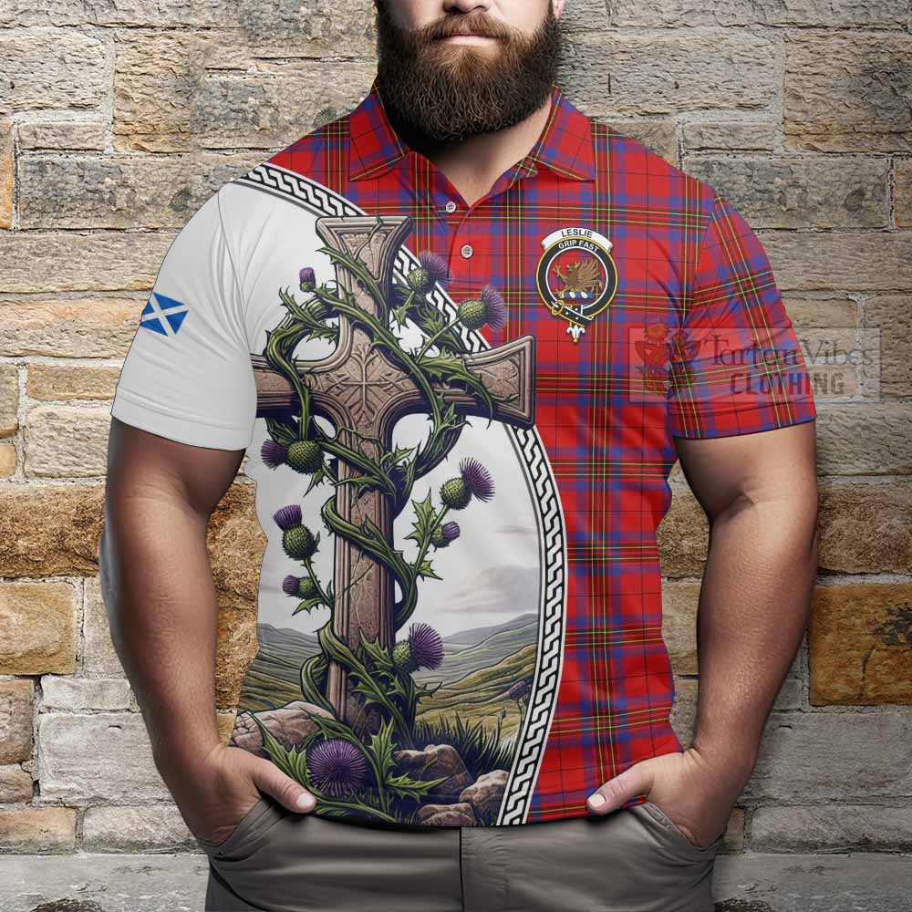 Tartan Vibes Clothing Leslie Tartan Polo Shirt with Family Crest and St. Andrew's Cross Accented by Thistle Vines